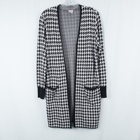 Chicos Houndstooth Cashmere Blend Long Cardigan Womens 1 Medium Black White - Picture 1 of 16